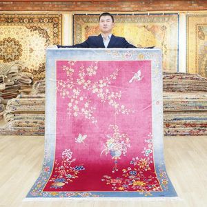 Tapis Yilong 4'x6' de luxe rouge chinois Art déco fait à la main tapis de soie tapis de salle familiale