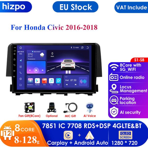 Carplay 4G-LTE Android 12 autoradio pour Honda Civic 10th 2017 - 2021 lecteur vidéo multimédia Navigation GPS DSP Audio RDS