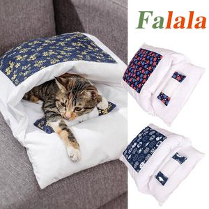 Lit de transport pour chat, sac de couchage chaud, grotte de sommeil profond, hiver amovible, lit de maison japonais pour chaton, coussin de nid avec oreiller