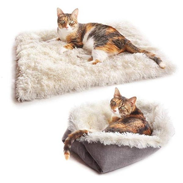 Cama para perros y gatos, nido para perrera, esteras para gatos de doble propósito para invierno, colchón para cachorros y gatitos de felpa, saco de dormir plegable, ropa de cama para mascotas