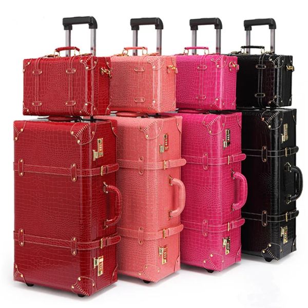 Carry-ons Retro Sac à bagages set valise Femmes Femmes Men Sacs de voyage, cuir The Box Pu Trolley Cosmetic Case, nouveau style, serrure, muet, 13 22 24