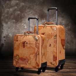 Carry-ons retro kaart 16/18/20/22/24 maat 100% PU rollende bagage spinner merk reiskoffer met hangslot dames trolley bagage