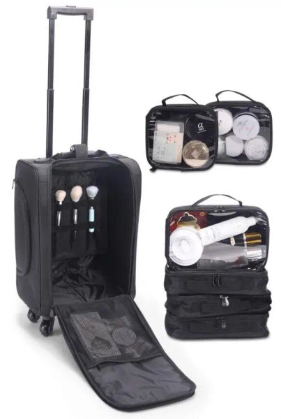 Carry-ons Femmes de maquillage pour femmes avec roues artistes Train Train Travel Trolley Rolling Cosmetic Bag Organizer Case Beauty Nail Tools Kit Suitcase