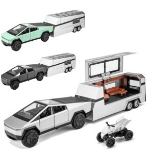 Voitures 1/32 Tesla Cybertruck avec voiture de tournée RV Caravan Diecast Toy Metal Minion Minion Pull Back Sound Light Collection Gift Boy