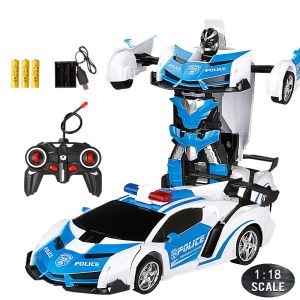 Cars 24CM 1:18 RC voiture jouet Transformation à distance Robot une clé déformation électrique télécommandé jouet voitures de Police pour enfants garçon E01