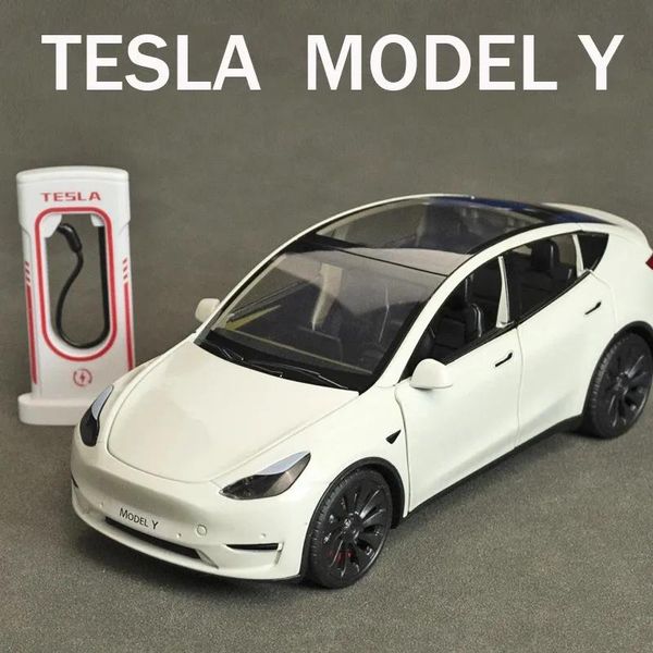 Voitures moulées sous pression modèle 1 24 Tesla Y 3 S en alliage moulé sous pression, jouet de voiture, son et lumière, objets de collection pour enfants, cadeau d'anniversaire 231030