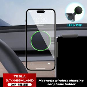 Coches para Tesla Model 3/Y/HIGHLAND 2024 soporte de teléfono para coche pantalla montaje lateral cargador inalámbrico magnético 15W carga rápida ajustable gratis