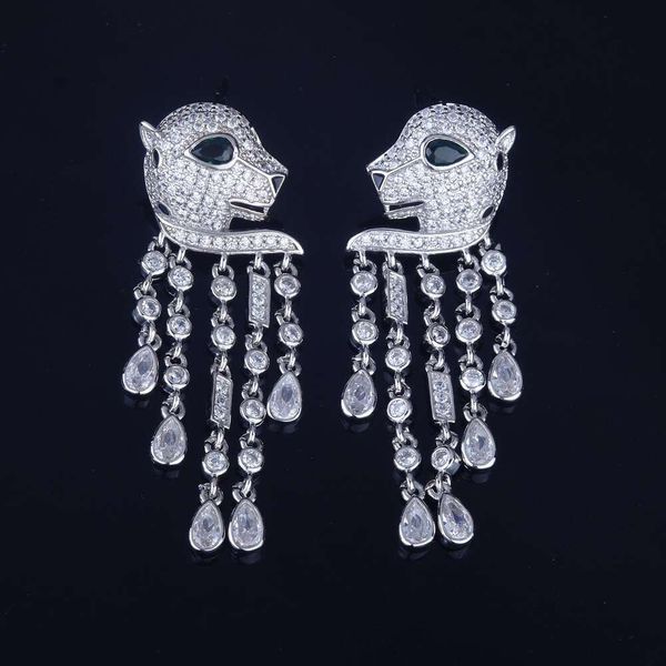 Pendientes de leopardo con diamantes Carter, diseño industrial pesado, pendientes largos con borlas y cabeza de leopardo de alto temperamento