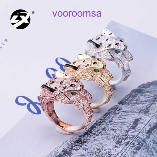 Anillos de diseñador de lujo populares Carter Nuevo conjunto de anillos con cabeza de leopardo de oro asiático con circonita Decoración de ojos personalizada Estilo verde caliente con caja original