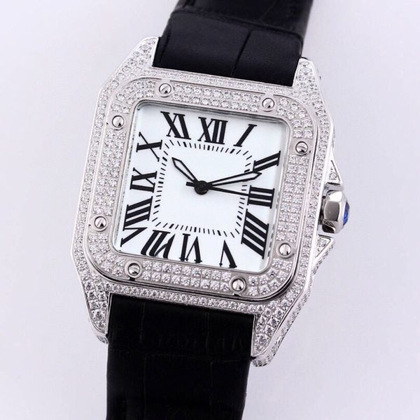 Cartiar Watches Montre pour homme automatique mécanique 51 x 39 x 11,5 mm, boîtier en acier inoxydable 904l incrusté de strass, étanche à 50 mètres, bracelet en cuir de vache, Montre De Luxe