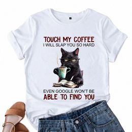 carto T-shirts chat noir en colère vêtements pour femmes Touchez mon café je vais vous gifler si fort animaux T-shirts vintage femmes T-shirts w87A #