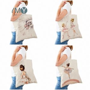 Carto Ballet Girl Sac à bandoulière imprimé Femmes Mignon Supermarché Shopper Shop Sacs Dames Eco Casual Fourre-tout Sac Toile Sacs à main m5NS #