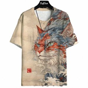 Carto Cat Graphic T-shirt pour hommes 3D imprimé pull décontracté pour hommes été sweat-shirt à col rond hauts en vrac quotidien t-shirts à manches courtes U42t #