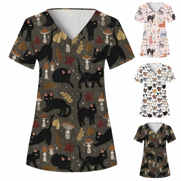 Carto Cat Uniforme médico Mujeres Scrubs Tops Pet Hospital Ropa de trabajo Enfermera Sal Laboratorio veterinario Ropa de trabajo uniforme medyczny G8u6 #