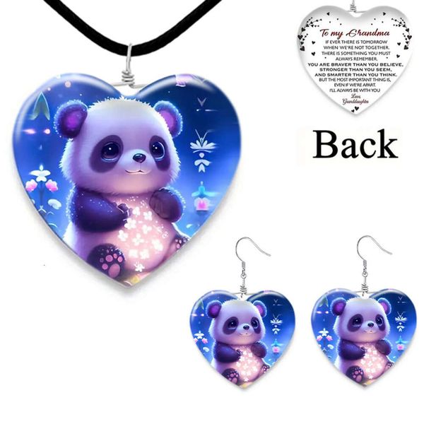 Dessin animé 3 pièces/ensemble mignon bébé motif en forme de coeur pendentif en verre collier boucle d'oreille ensemble filles, fête de remise des diplômes enfants pour Panda