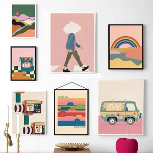 Cartoon abstracte kleurrijke poster eigenzinnige Rainbow Sky auto canvas schilderij print kinderkamer muur muurschildering foto woonkamer slaapkamer home decor geen frame Wo6