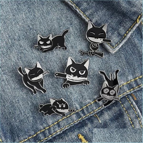 Accessoires de dessin animé couteau de chat noir style punk broches en émail pour femmes fille bijoux de mode en métal vintage broches badge en gros Dhsr3