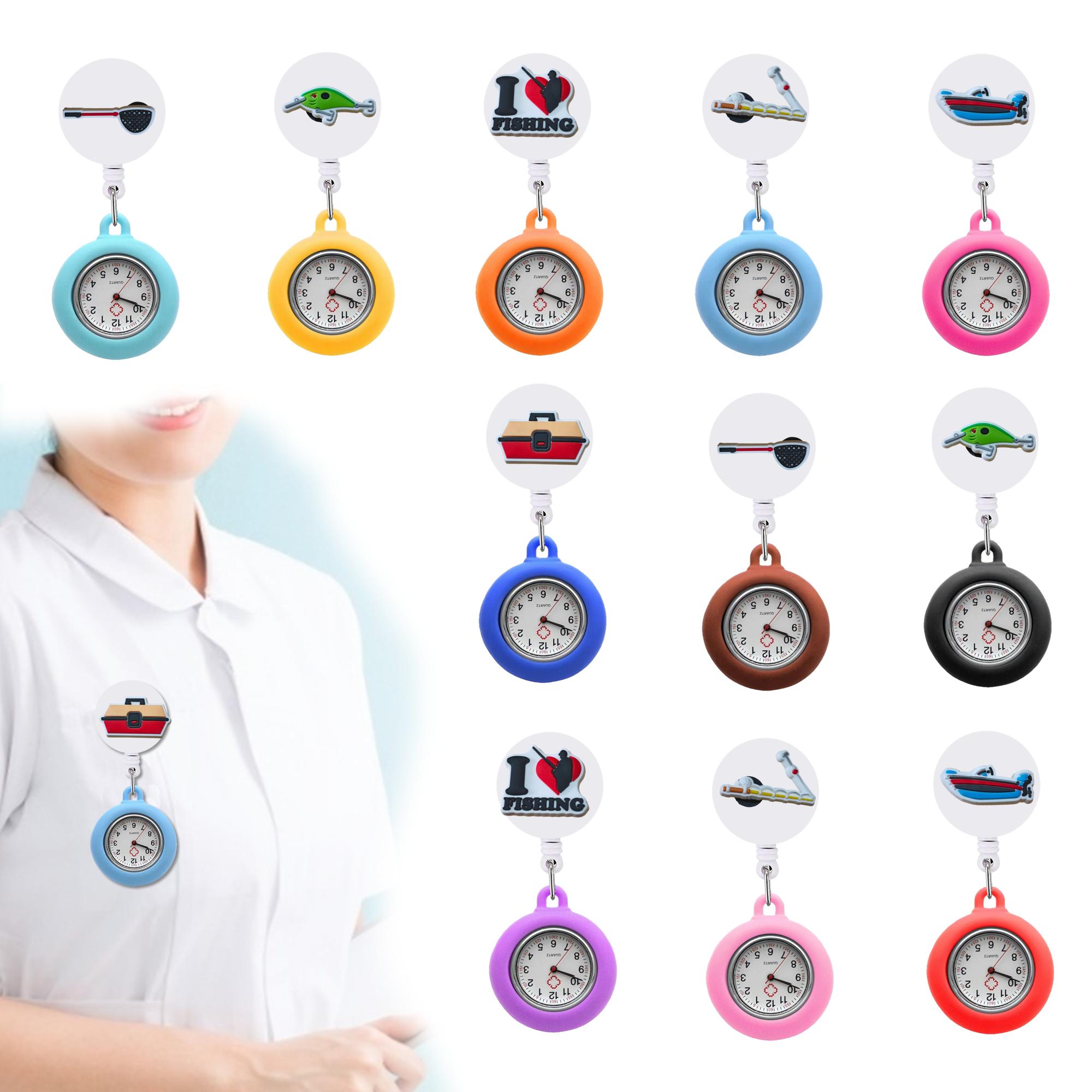 Tecknad accessoarer fiskeverktyg 2 klippficka klockor utdragbar sjuksköterska fob titta på lapel för sjuksköterskor läkare klipp på hängande på brosch ot0RH