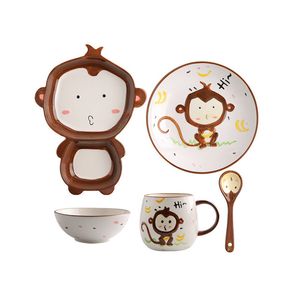 Cartoon Monkey keramische servies set voor kinderen kinderen peuter baby hand geschilderde diervoedersbladen borden dish bowl mok lepel