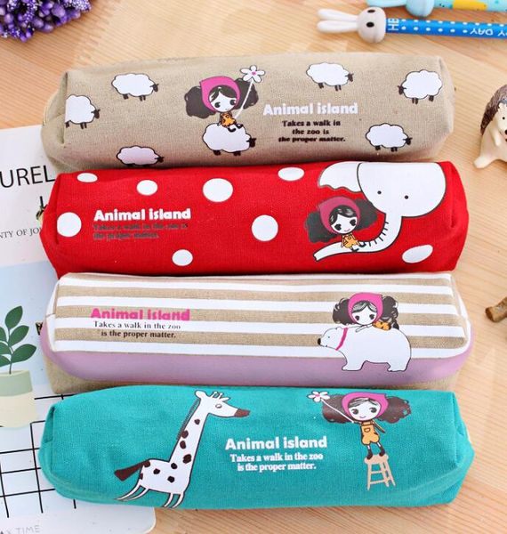 Estuche para lápices con dibujos de animales, estuche de lona para lápices, bolsa organizadora de papelería de gran capacidad para estudiantes y escuela, regalo para niños