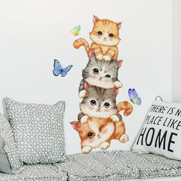 Pegatinas de pared de mariposa y gatito de animales de dibujos animados, vinilo extraíble, decoración del hogar, sala de estar y dormitorio