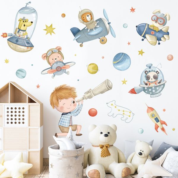 Pegatinas de pared de astronauta de piloto de animales de dibujos animados para habitaciones de niños, dormitorio de niños, decoración de jardín de infantes, murales de arte DIY 220607