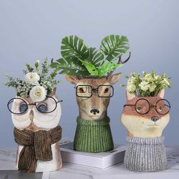 Cartoon Animal Vase Owl Fox Deer Office Desktop Decoratie Flower Pot HKD230810