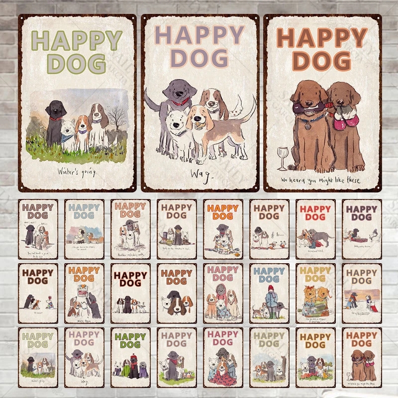 Happy Dog Metal Print Poster - Cute Puppy & Cat Cartoon Animals Wall Decor Tin Sign for Pub, Bar, Man Cave - 20x30cm
