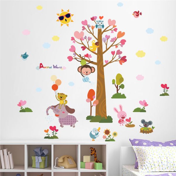 Dessin animé Animaux Monde Arbre Singe Hibou Oiseau Stickers muraux pour chambres d'enfants Enfants Mur Decal Pépinière Chambre Décor Affiche Murale 210420