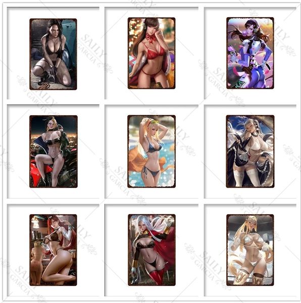 Dessin animé Anime métal peinture Sexy fille métal affiches décor métal étain signe Sexy nu jeu fille métal plaques murales pour Pub Bar homme grotte 30X20 cm W03