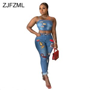 Dessin animé Applique Sexy Denim Deux Pièces Ensemble Femmes Ensembles Vêtements Spaghetti Strap Crop Top + Maigre Crayon Pantalon 2 Pièce Club Tenues