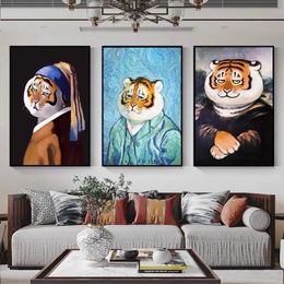Dessin animé toile peinture van gogh et mona lisa affiches de tête de tigre drôle imprimés wall art photo pour le salon chambre décor de la maison wo6