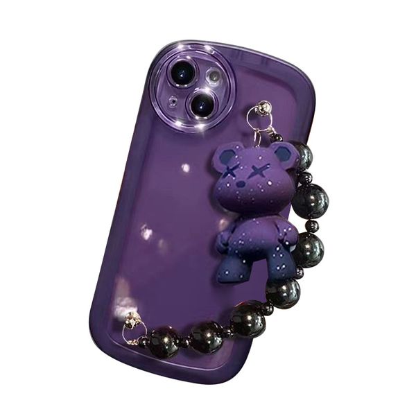 Étuis de téléphone portable de dessin animé ours chien tout entouré étui souple pour iphone 14 14pro 14plus 13 12 11 pro max XS XR housse de protection transparente violet avec sangle de chaîne de perles