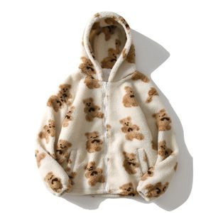 Dessin animé ours agneau à capuche laine Couple veste décontracté surdimensionné à capuche hiver chaud hauts femme sweat mignon Teddy manteaux 220314