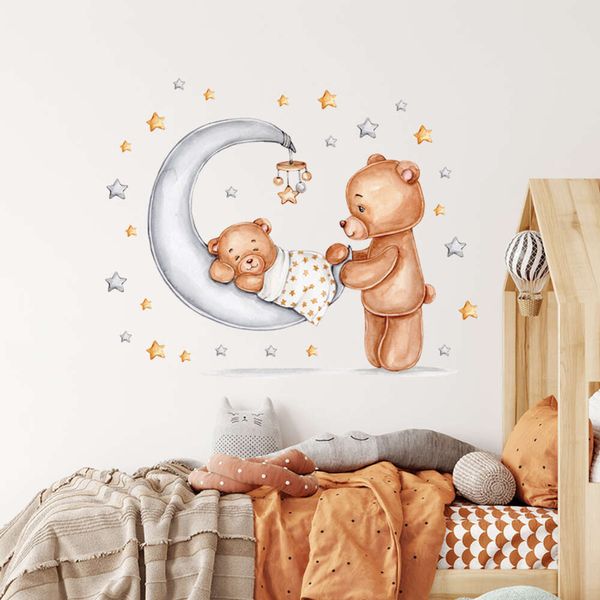 Autocollants muraux ours de dessin animé maman et bébé sur le berceau, sparadrap muraux pour chambre de bébé, autocollants décoratifs pour fête prénatale, décor Nural