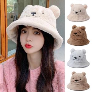 Chapeau seau en peluche ours de dessin animé pour femmes, casquette de pêcheur en fourrure, épais et chaud, casquette de bassin Panama, velours doux, visière de Bonnet pour fille