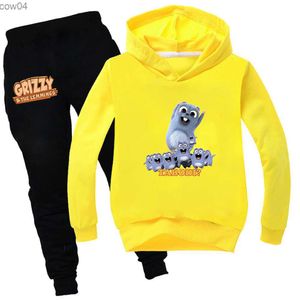 Dessin animé ours imprimer Grizzy et les Lemmings à capuche garçons filles vêtements automne hauts enfants sweats à manches longues enfants vêtements L230625