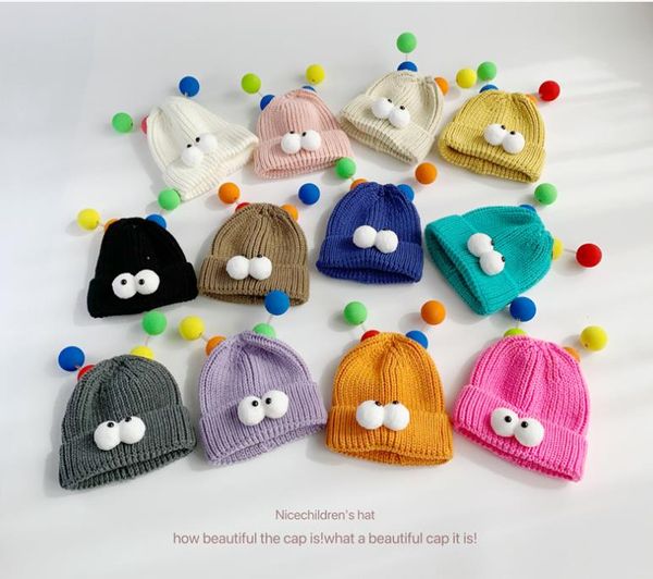 Chapeau en laine avec grands yeux de dessin animé, nouveau chapeau tricoté multicolore, coupe-vent, chapeau chaud pour oreilles, automne et hiver