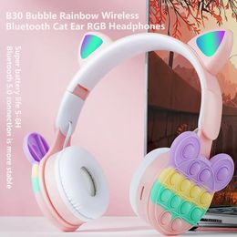 Cartoon Bubble Rainbow Decompressie Draadloze Bluetooth Cat Ear RGB-headset met microfoon Kinderhoofdtelefoons ondersteunen TF-kaart
