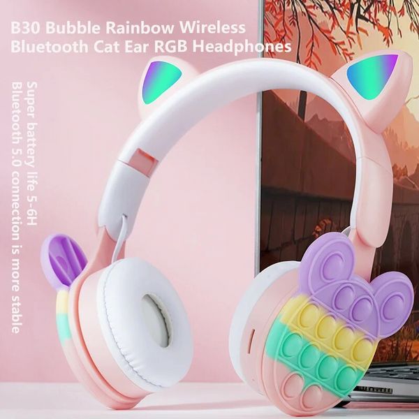 Auriculares inalámbricos con Bluetooth y Oreja de Gato RGB para niños, cascos con dibujos de burbujas y arcoíris, descompresión, compatibles con tarjeta TF