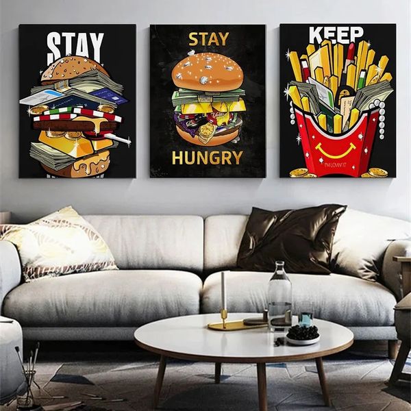 Dessin animé Burger argent toile peinture mur Art modulaire rester affamé décor à la maison argent luxe Anime affiche imprime salon décoration mur photos Wo6