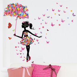 Autocollants muraux de dessin animé papillon fée fille florale avec parapluie, sparadrap pour chambre d'enfants, fleurs colorées en PVC 220607