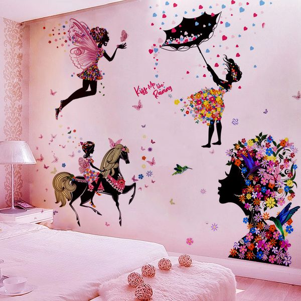 Dessin animé papillon fée floral fille avec parapluie Stickers muraux pour fille chambre enfants chambre Stickers muraux fleurs colorées PVC