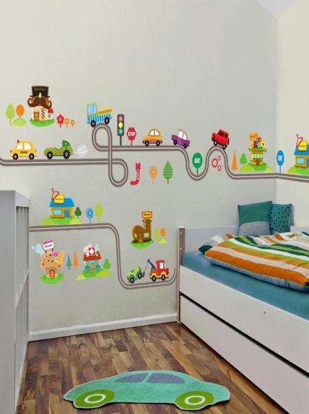 Cartoon Cars Highway Track Wall Wallings para habitaciones para niños Pegatina para niños 039 Sala de juegos Decoración de dormitorios Declices de arte de pared9116741