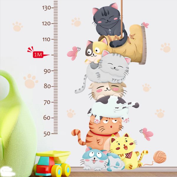 Dessin animé chat animaux mesure stickers muraux pour chambres d'enfants maternelle toise règle décalcomanies pépinière décor à la maison