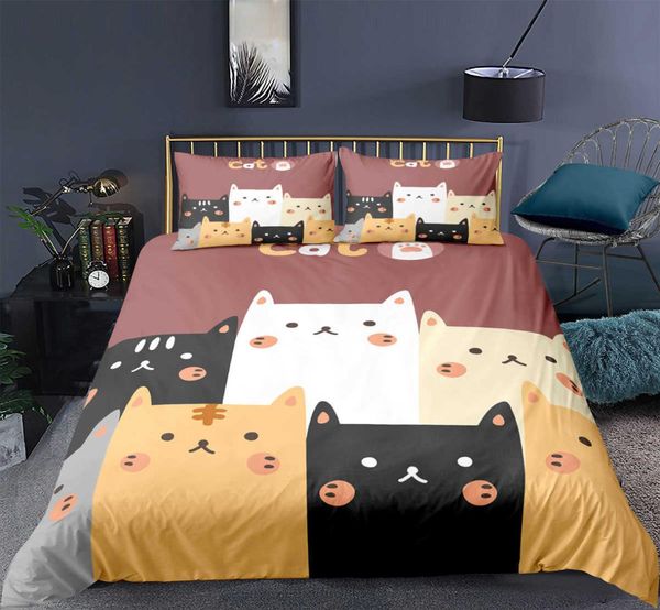 Carton Cat Cat Cover Ensemble litière imprimée animale avec taie d'oreiller 23pcs couette pour décor de chambre 21082189298754985962