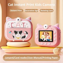 Cámara para niños con diseño de gato de dibujos animados, cámara digital 1080P de impresión instantánea para niños pequeños con papel de impresión sin tinta, tarjeta SD de 32 G, ideal para Navidad, cumpleaños, niños de 3 a 12 años