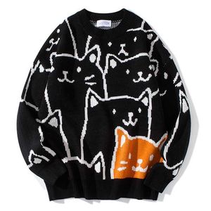 Cartoon Cat Trui Heren Koreaanse versie Ronde hals Trui Top Student Jong Paar's Wear Trend Leisure 211014