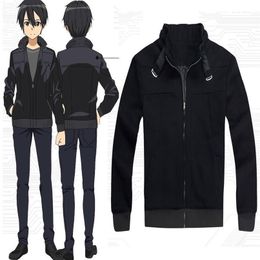 Personaje de dibujos animados COS Sword Art Online Kirito alta calidad Anime Cosplay disfraz abrigo con capucha negro Halloween200o