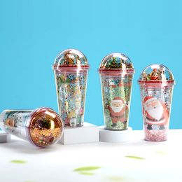 Tasse d'eau de noël de dessin animé, nouvelle tasse de paille en plastique Double couche créative colorée, cadeau de noël, tasse à paillettes de poupée